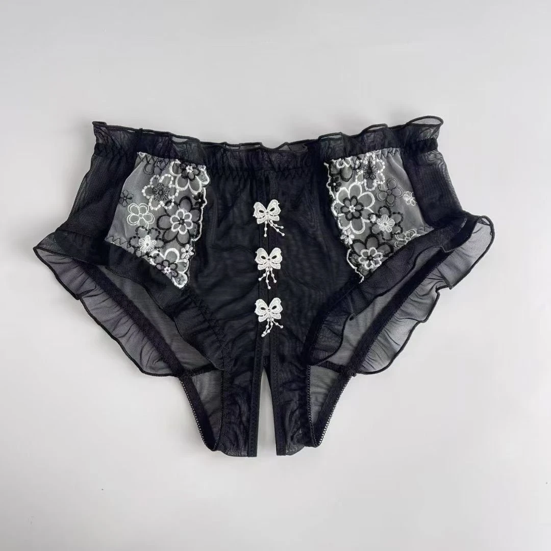 240斤纯欲刺绣蕾丝性感高腰大码女士蝴蝶结薄款三角内裤镂空诱惑