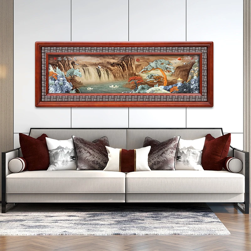 九头鸟手工玉雕画《高山飞瀑》220×80