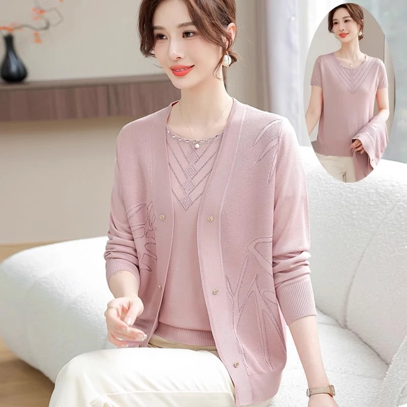 妈妈春装新款针织开衫40岁50中老年女装夏季冰丝短袖T恤时尚套装