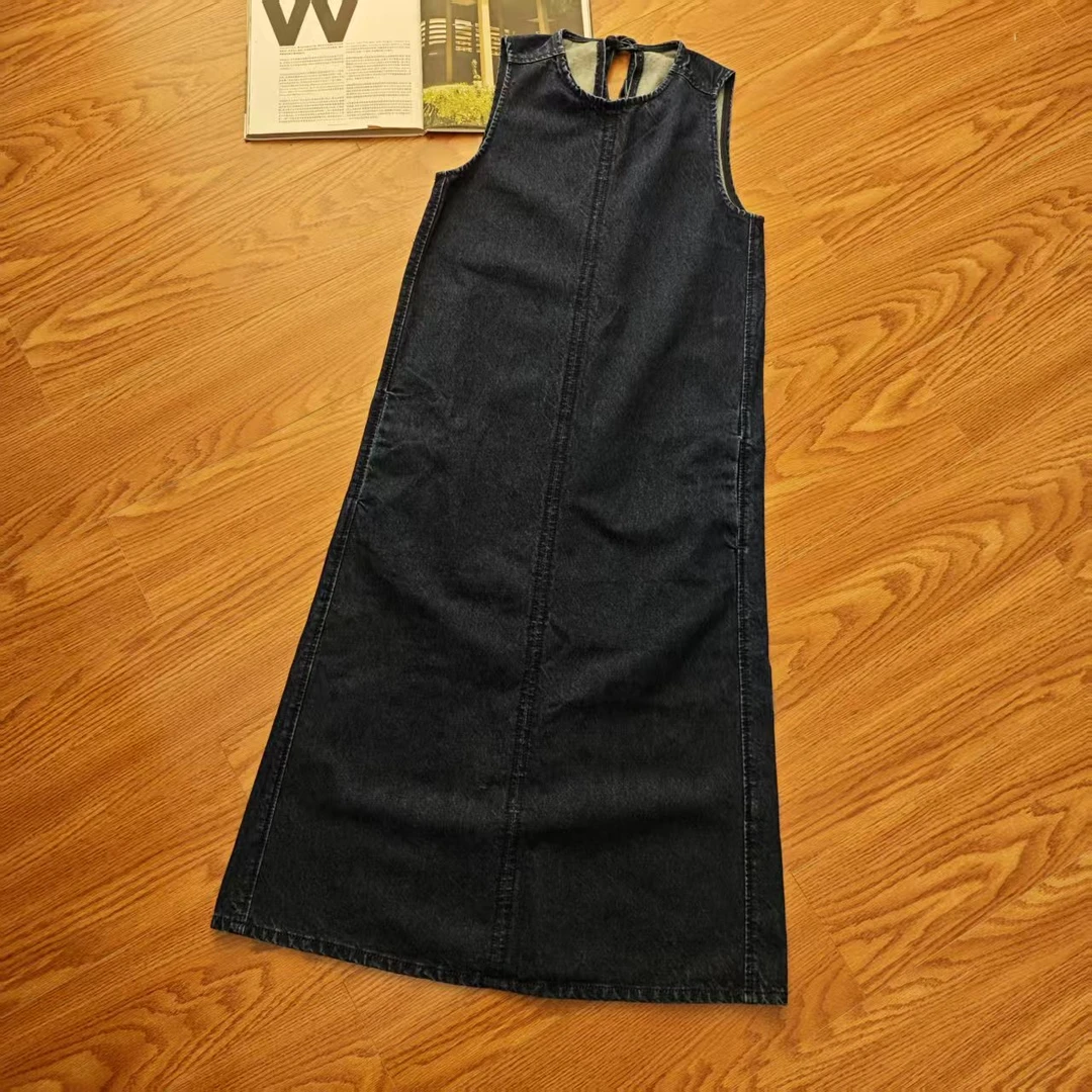 84995余小鱼 【牛仔计划】深蓝色牛仔背后绑带无袖连衣裙长款女装