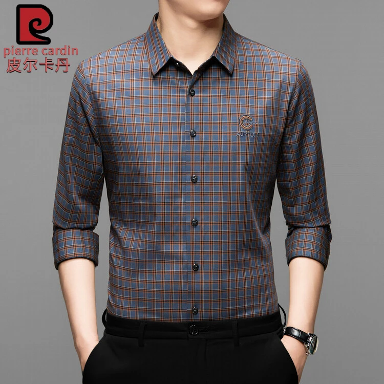 皮尔卡丹中年男士春季色织拉毛布无缝门襟长袖衬衫兰黄兰咖直筒时