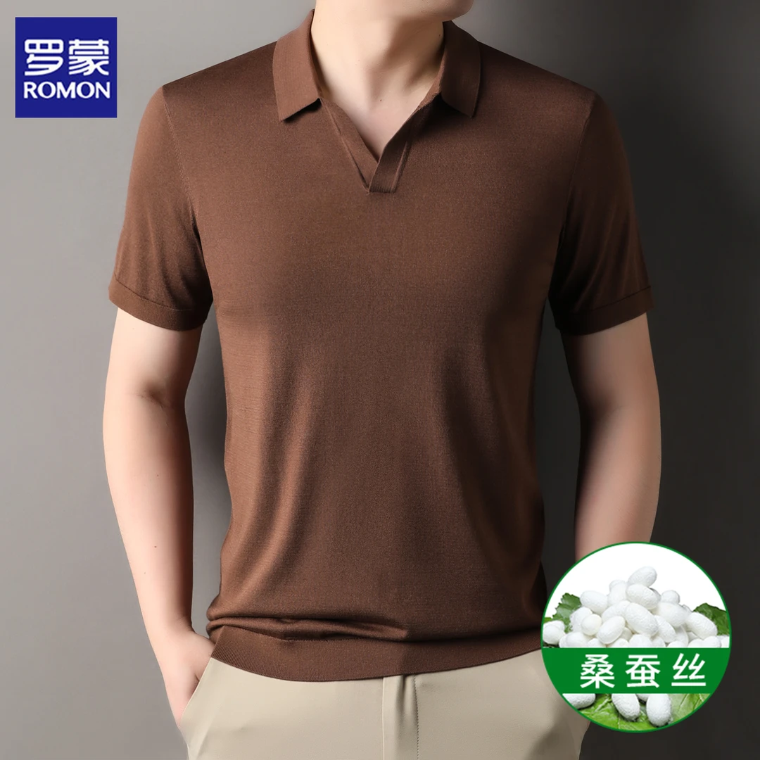 罗蒙男士桑蚕丝Polo衫免烫纯色翻领针织短袖轻奢薄款夏季百搭半袖