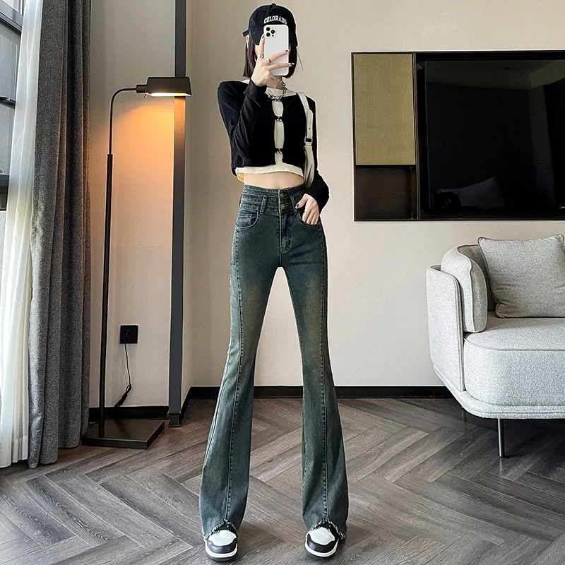 韩版微喇牛仔裤女春秋爆款2023年新款高腰显瘦毛边修身弹力喇叭裤