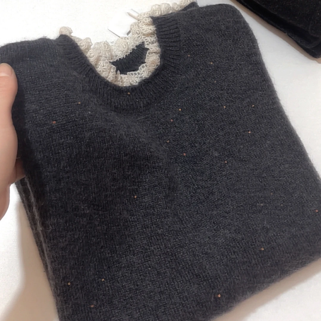 法式慵懒风蕾丝拼接圆领针织衫女灰色套头毛衣格雷系上衣835