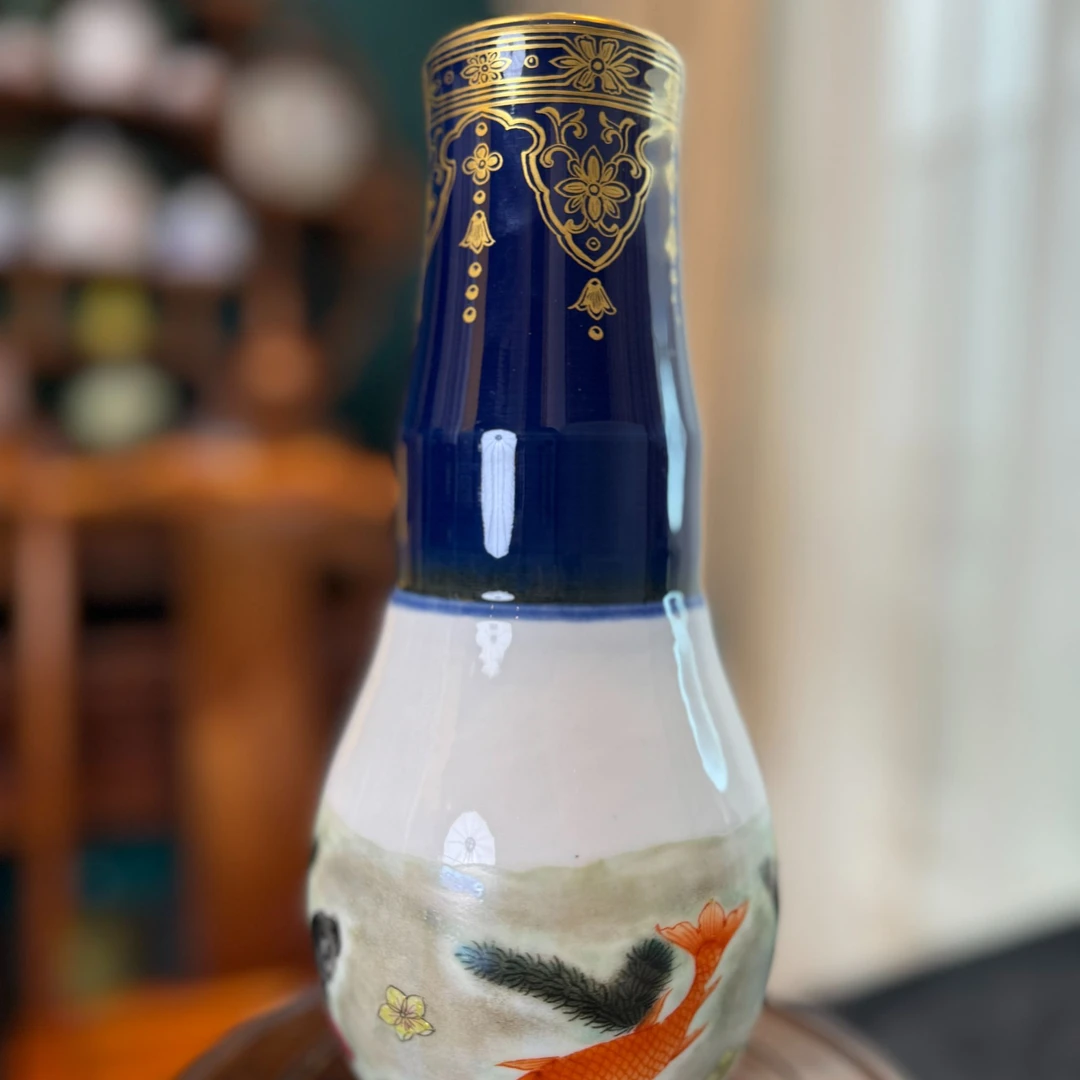 霁蓝釉鎏金开窗缠枝莲荷花鱼纹三节转心瓶 一个 B82