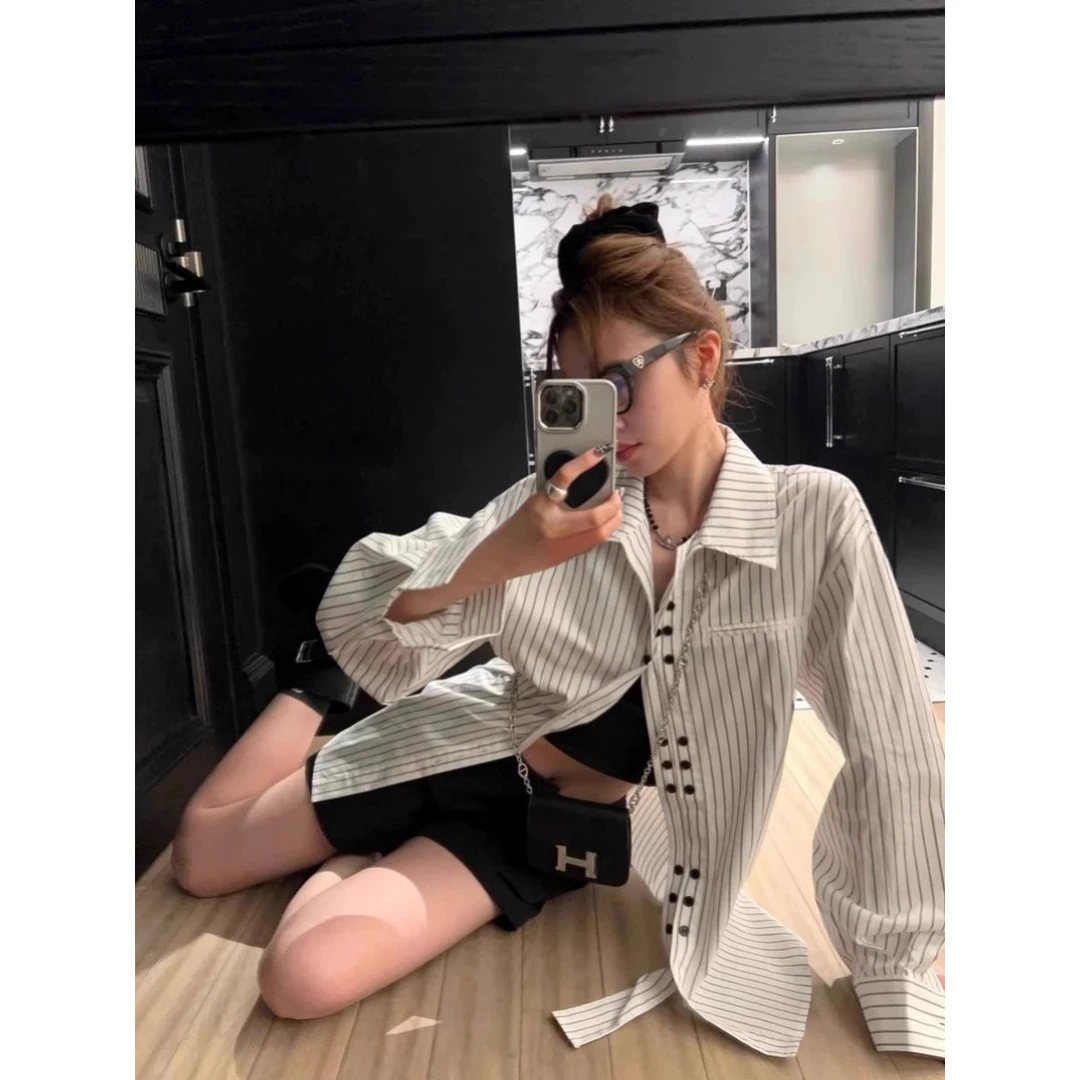 条纹衬衫女2025夏季韩版宽松休闲双排扣衬衣小众长袖防晒上衣6821