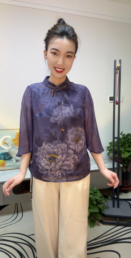 重磅气质夏季立领真丝双层提花上衣七分袖纯色复古刺绣圆领高端