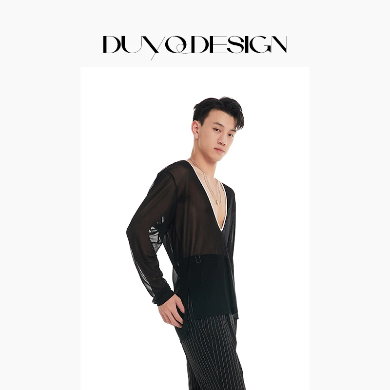 DUYQ《黑与白》男士011深V长袖上衣成人国标拉丁舞练功表演服专业