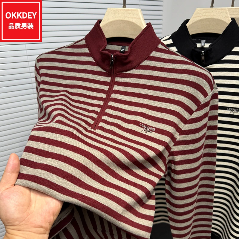 潮流立领半拉链长袖t恤男士春秋季新款高级感条纹打底衫休闲上衣