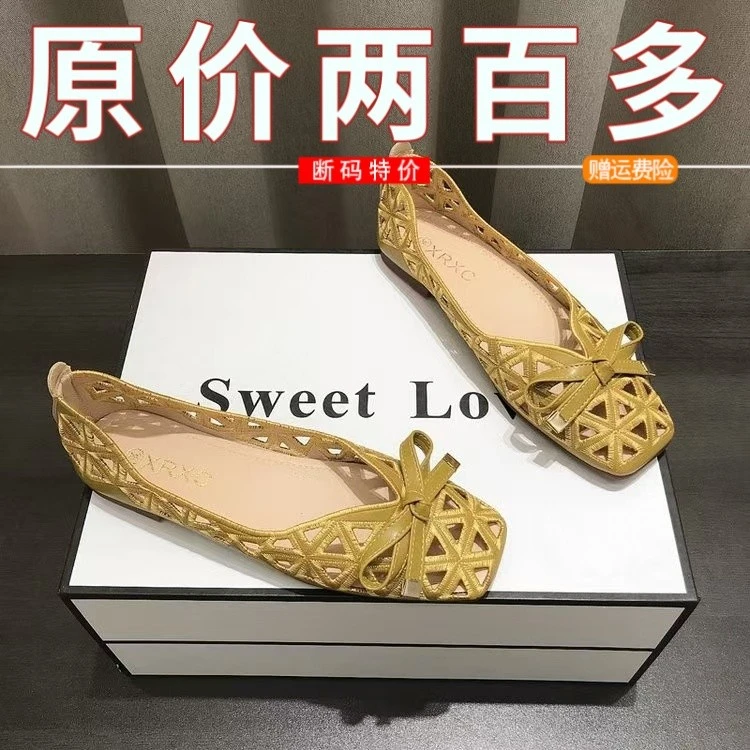 复古蝴蝶结镂空透气单鞋女夏季2025新款舒适软底浅口方头平底凉鞋