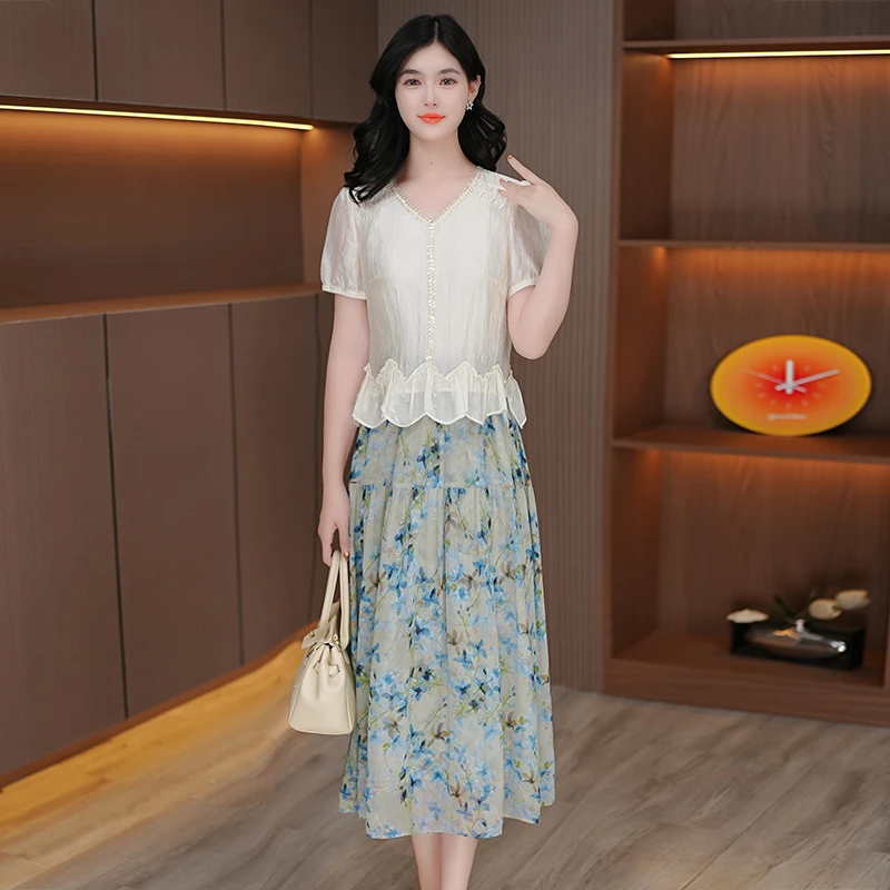 连衣裙新款夏季减龄显瘦假两件拼花边衣摆拼色中长款时尚裙女