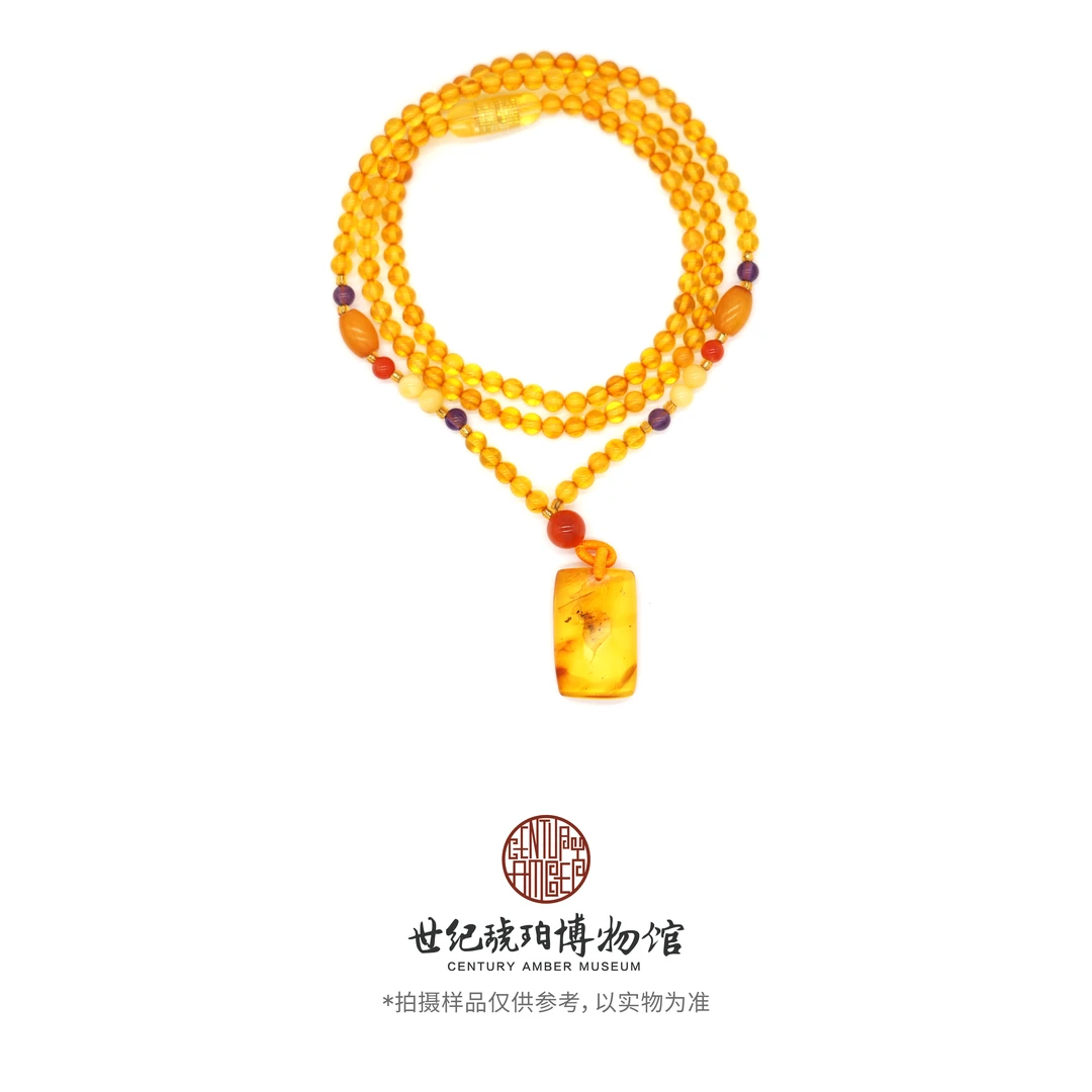 花珀虫珀方牌金珀项链-09000054