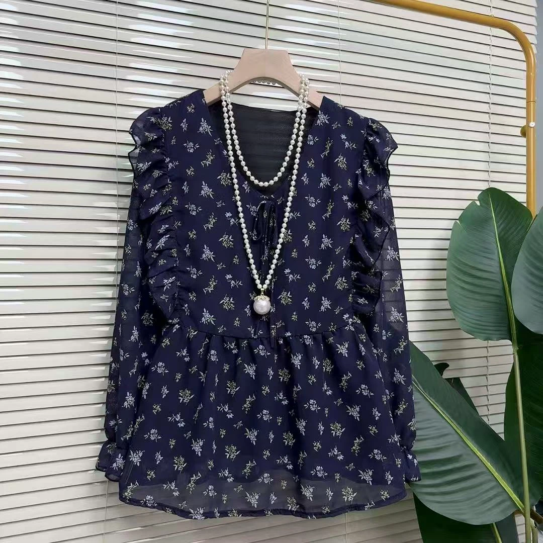 大码衬衫耳边长袖2025碎花法式新款减龄显瘦甜美娃娃小衫上衣遮肉