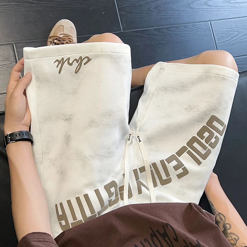 美式发泡印花扎染运动短裤男生夏季宽松直筒中裤复古休闲五分裤子