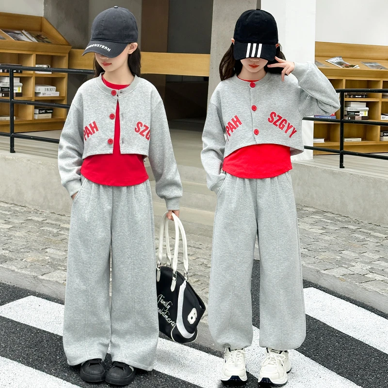 女童2025新款韩版中大童打底棒球服外套秋款宽松阔腿裤休闲三件套