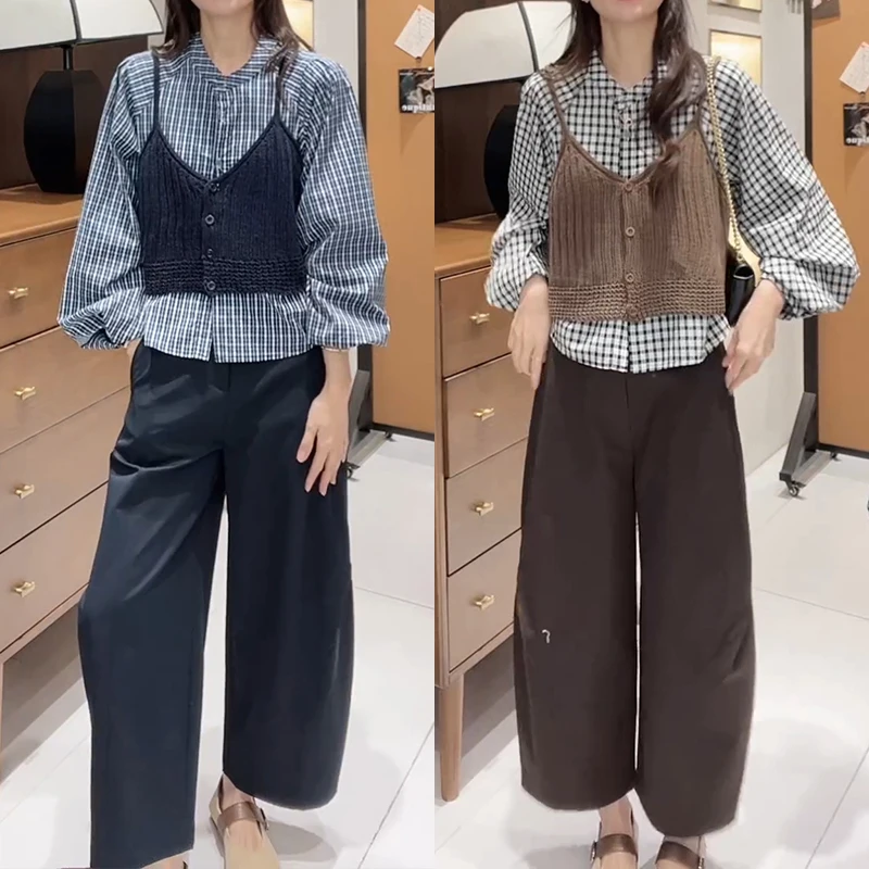 时尚韩系套装女2025春秋新款洋气设计感格纹衬衫马甲休闲裤三件套