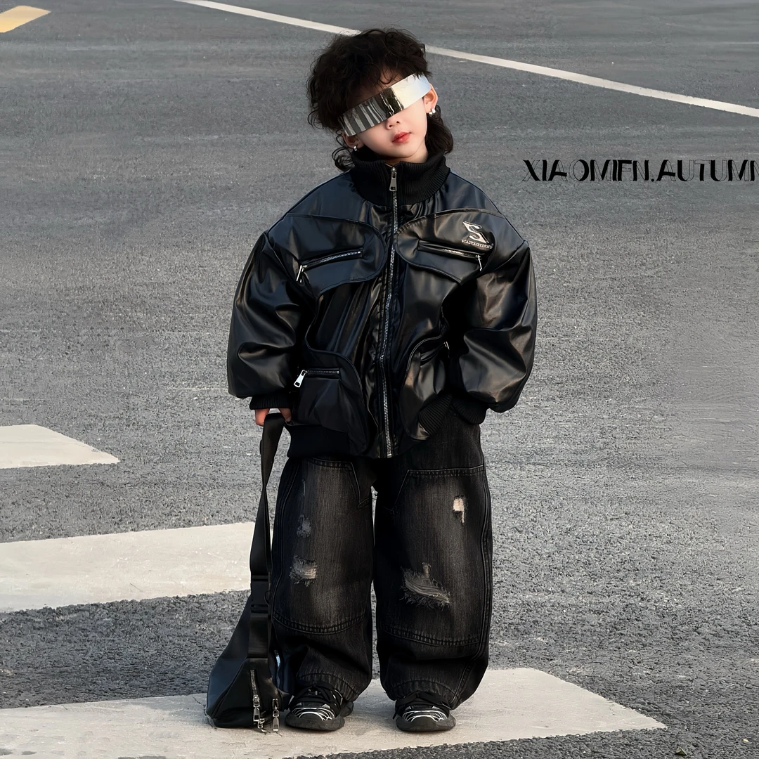 【实体品牌】2025秋冬重工皮衣夹棉外套男童时尚洋气童装宽松D6655