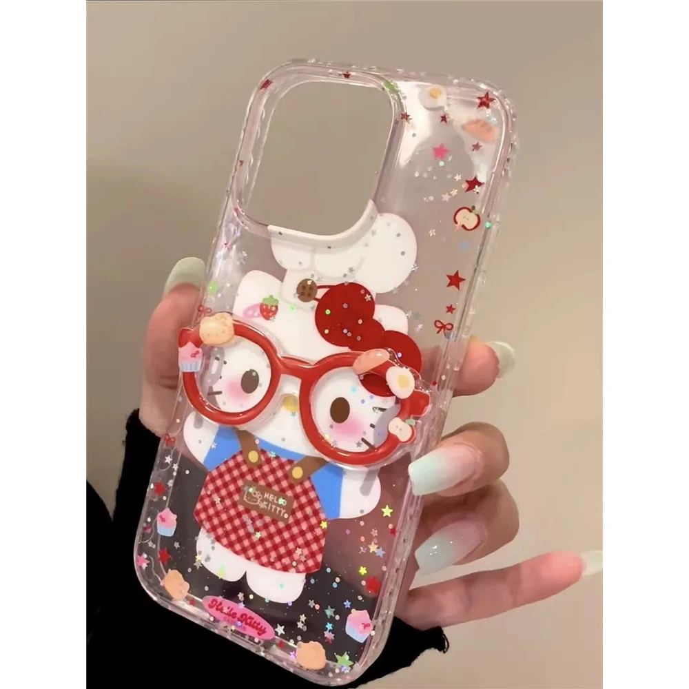 卡通红眼镜厨师KT猫iPhone16promax适用苹果15手机壳14少女13链条