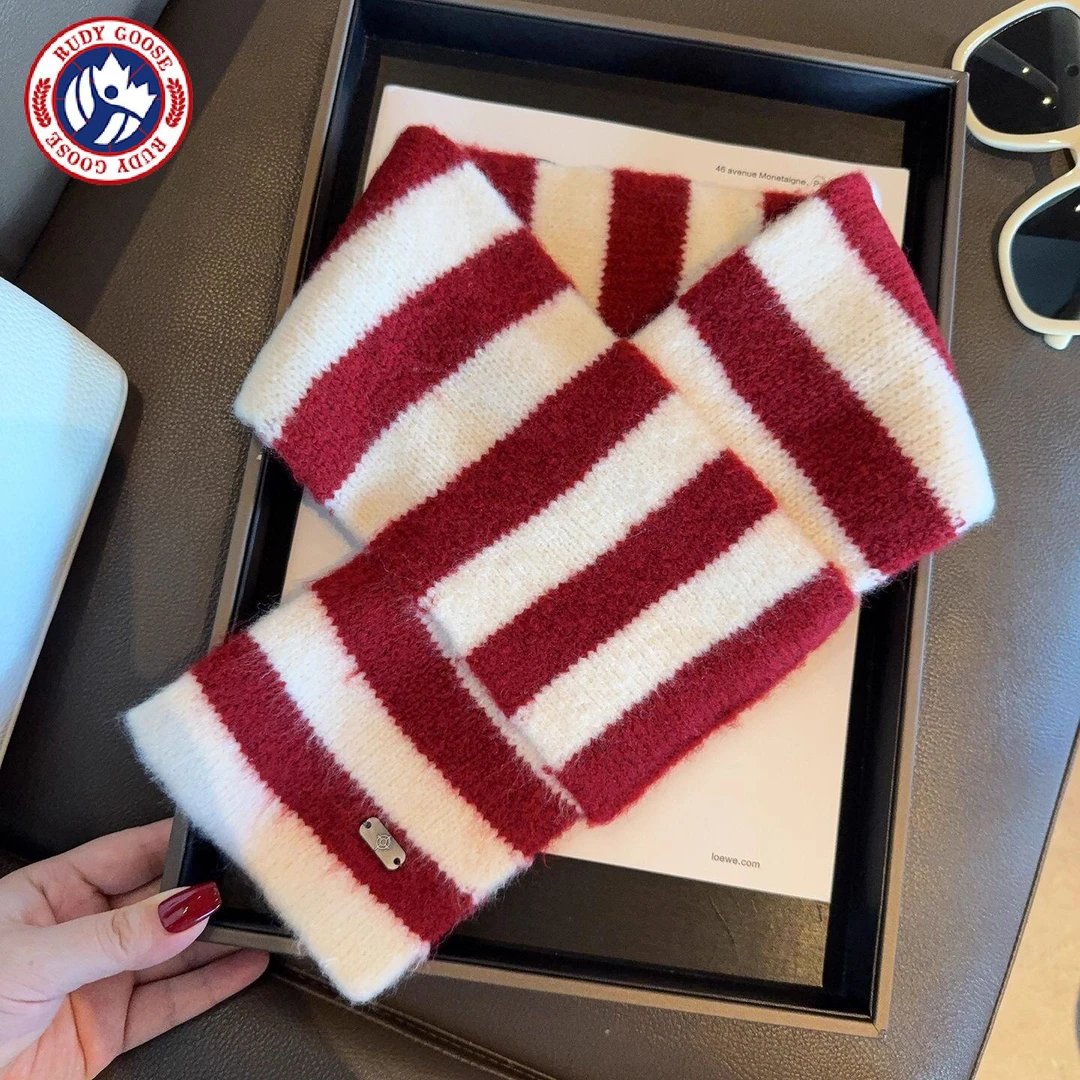 加拿大RUDY GOOSE鹅韩系显白撞色条纹带金属标羊毛混纺针织围巾女