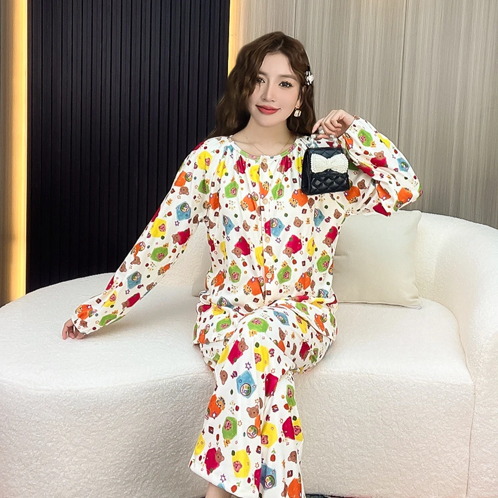 带胸垫德绒睡衣女秋冬季加厚保暖长袖长裤套装可爱卡通冬天家居服