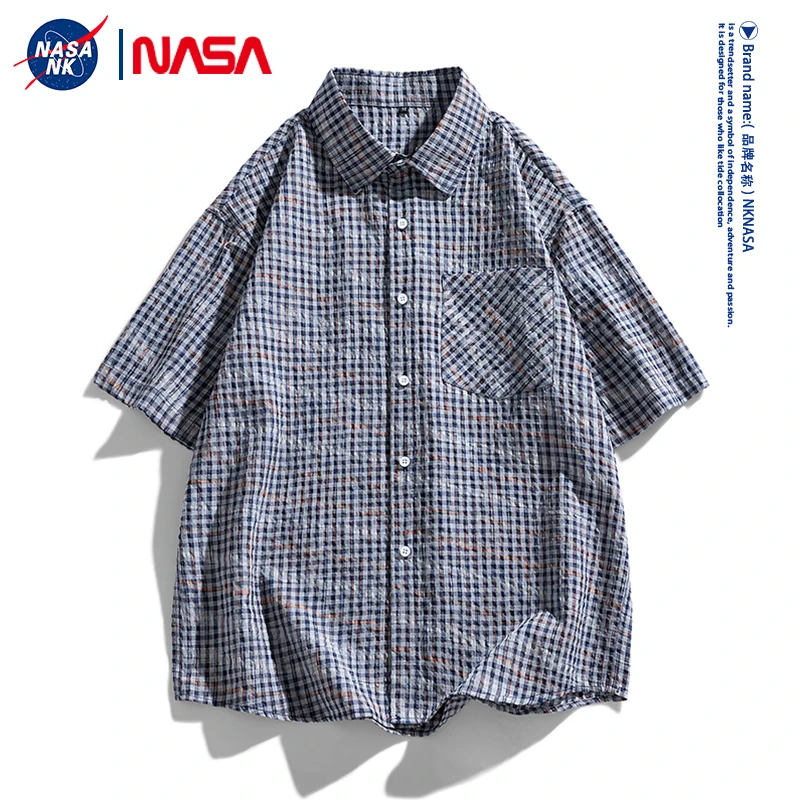 NASA联名格子短袖衬衫男女同款夏季港风潮流休闲宽松半袖衬衣外套
