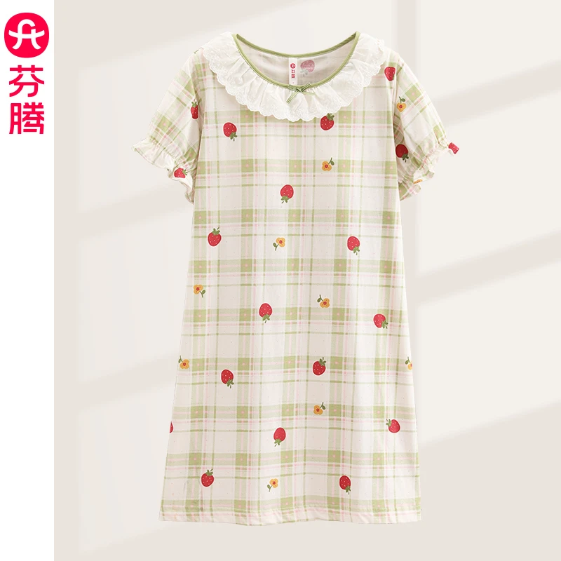芬腾睡衣女夏季新款纯棉薄款宽松休闲短袖舒适家居服睡裙带胸垫
