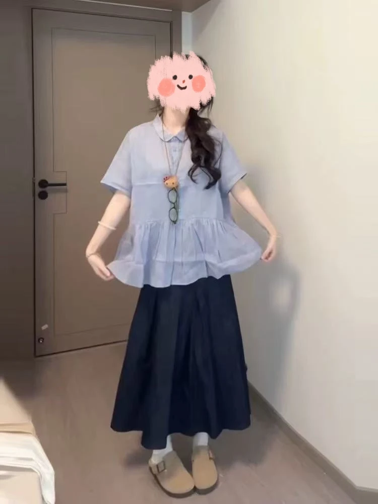 大码温柔风休闲polo领短袖衬衫上衣半身裙两件套25108#