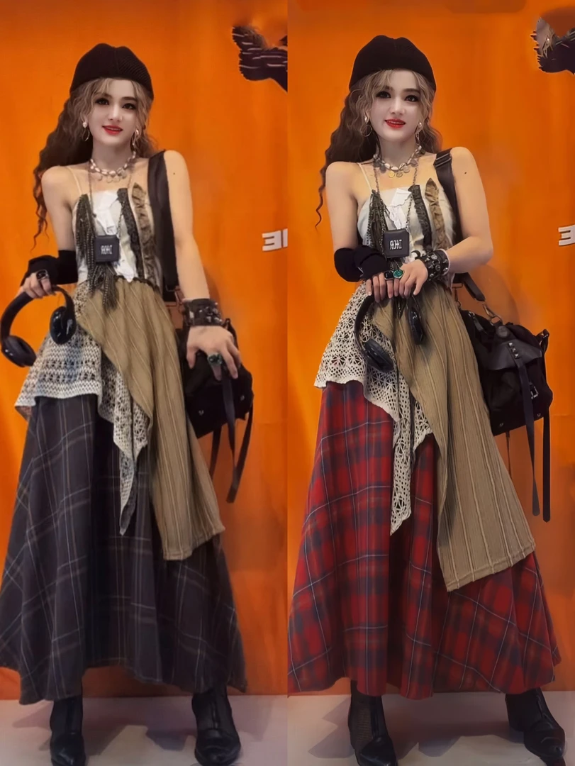 2025新款百搭拼接格子带屁帘时尚半身裙小众设计裙子女