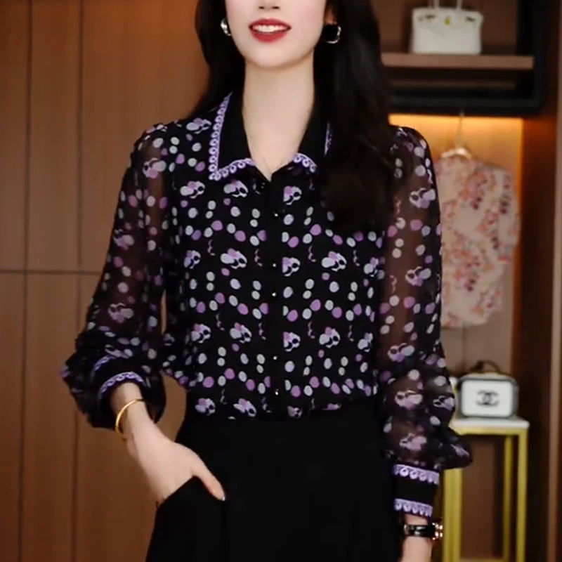 2025早秋季新款女长袖印花衬衫洋气减龄休闲显瘦设计感雪纺上衣