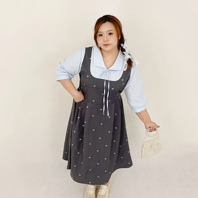 Milu家大码女装春季甜美娃娃领假两件胖mm显瘦长款a字收腰连衣裙