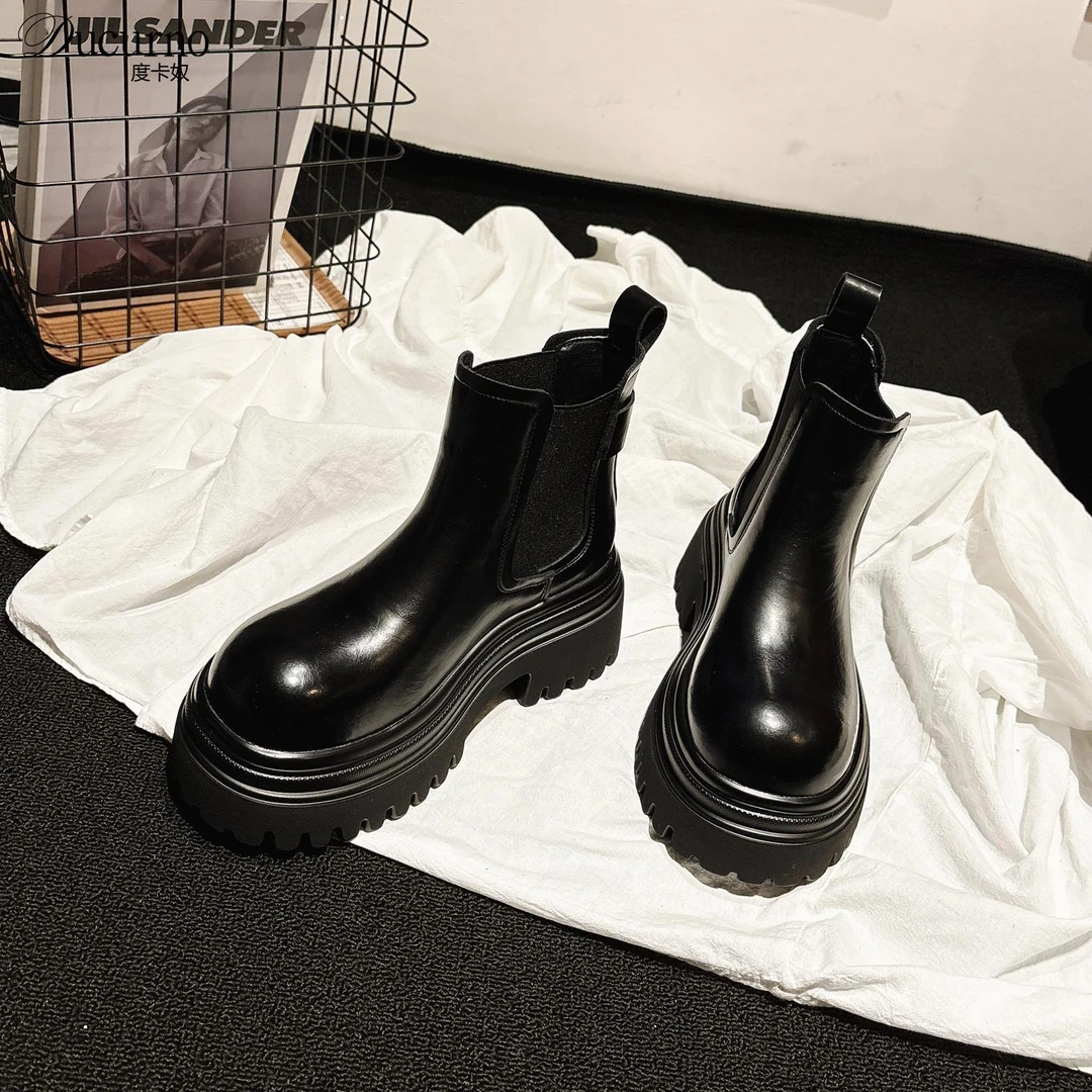 DUCURNO7CM增高~轻便厚底套筒切尔西靴女小短靴英伦风时尚烟管靴