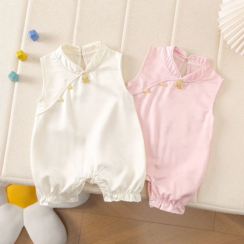 夏季婴儿衣服新中式女宝宝抓周礼服满月百天连体衣中国风哈衣爬服