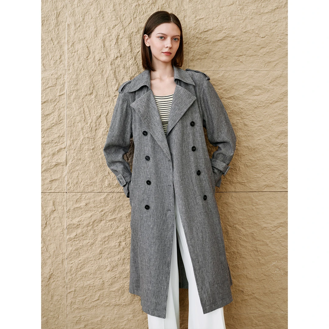 INSUN恩裳专选2025秋季高智感双排扣亚麻风衣外套9C65307030