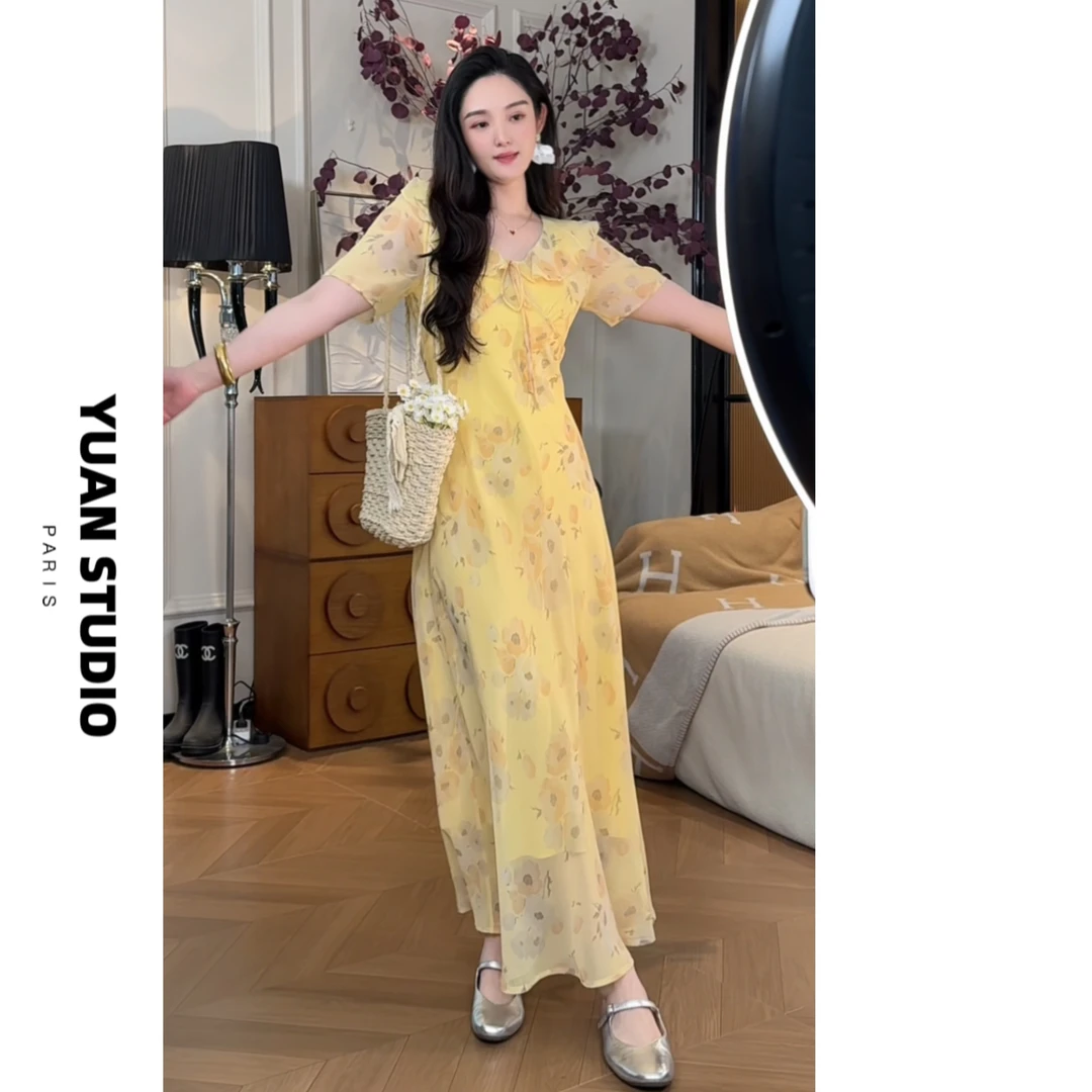 少量现 【林间轻雾】法式复古彩花卉显瘦遮肉短袖气质优雅连衣裙