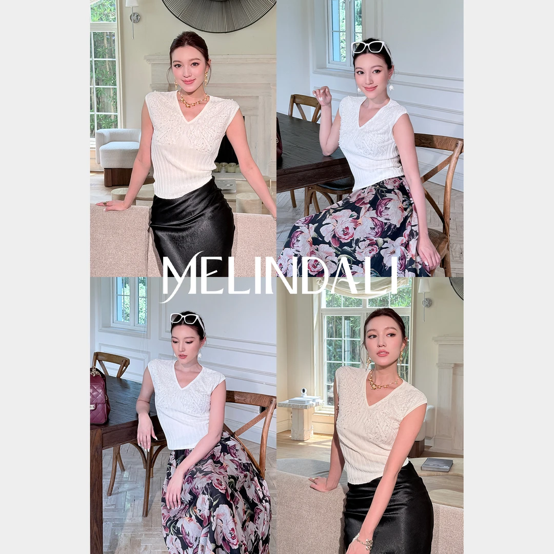 Melinda Li【晨露蝴蝶】蝴蝶提花手工钉珠绣V领包肩袖修身针织短袖T