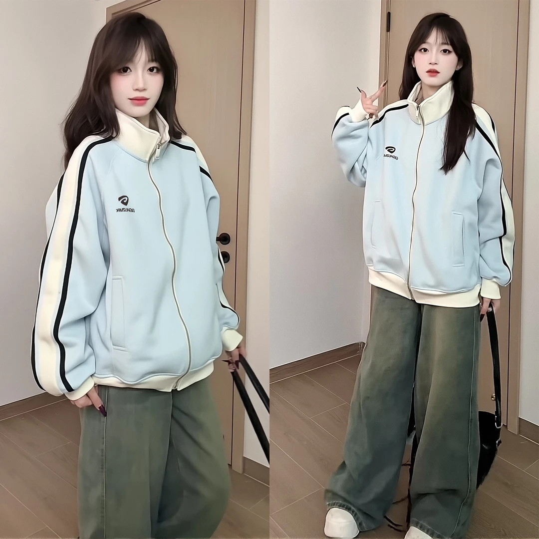 IGHU立领撞色棒球服外套女秋冬加绒加厚宽松学院风夹克开衫卫衣潮