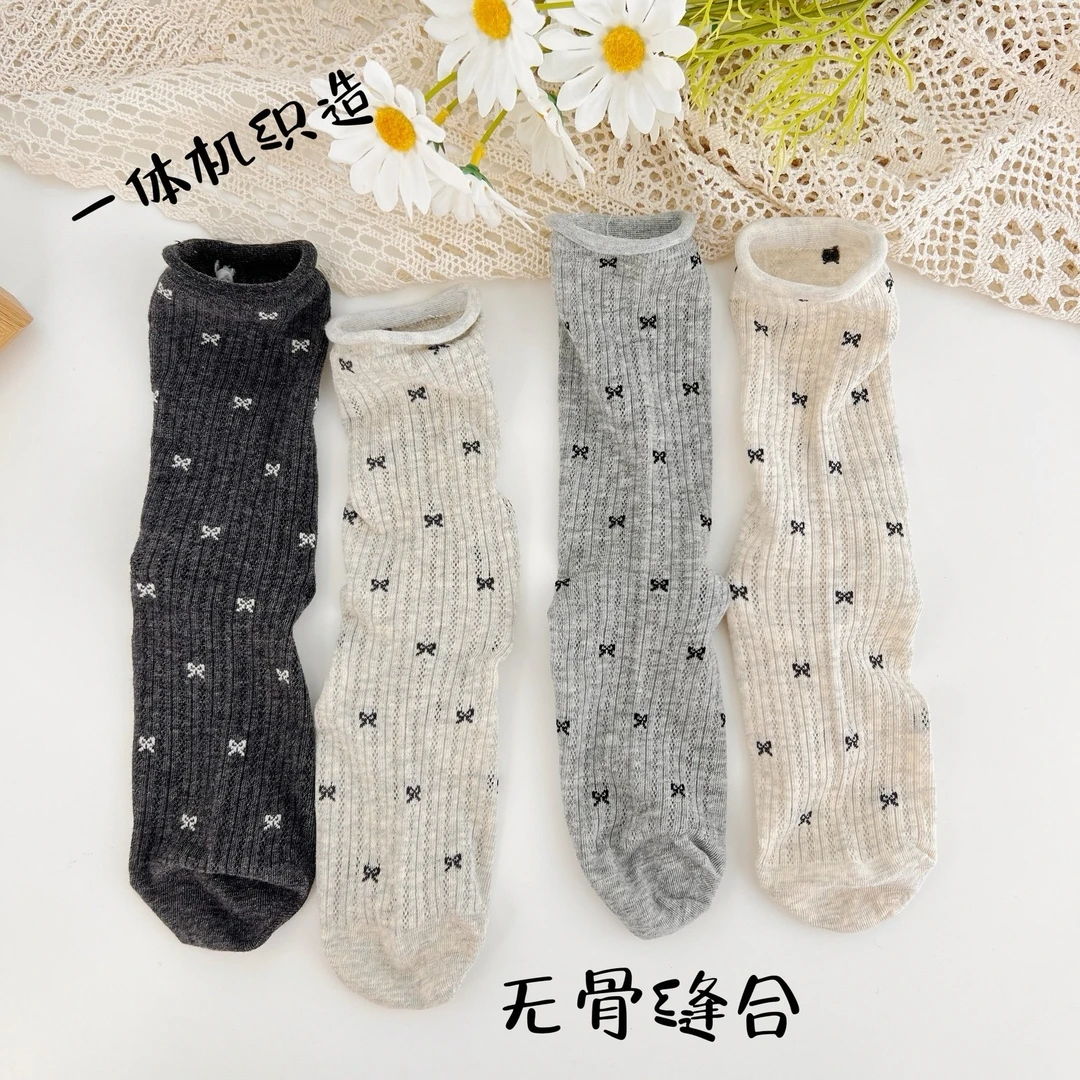 早秋【无骨缝合】棉袜镂空蝴蝶结日系薄款透气中高筒薄款棉袜