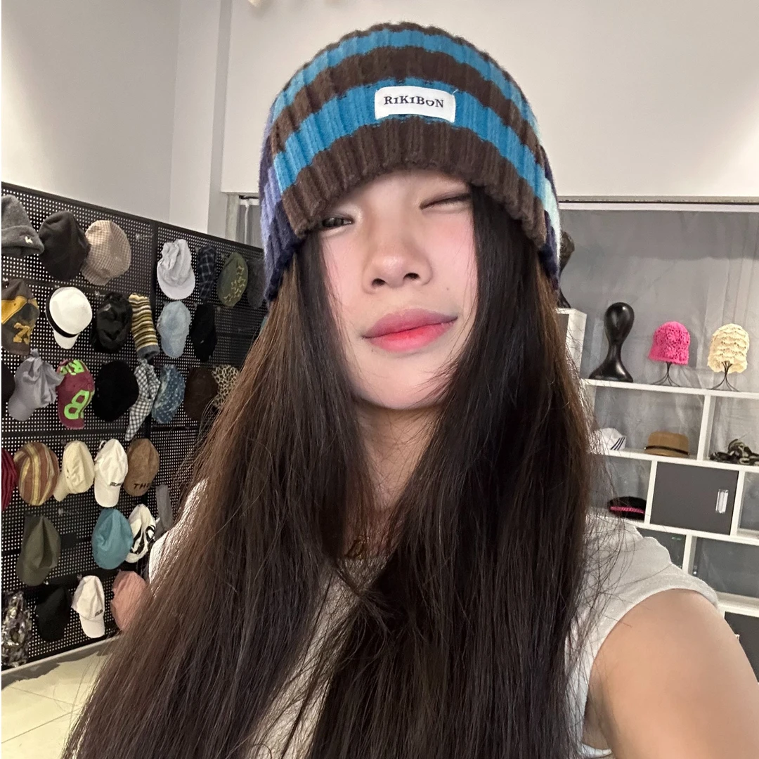 韩系三色拼接秋冬新款女士针织帽ins时尚保暖百搭