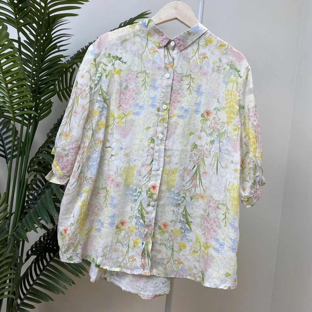【六分袖浅色彩花印花苎麻衬衫】3497