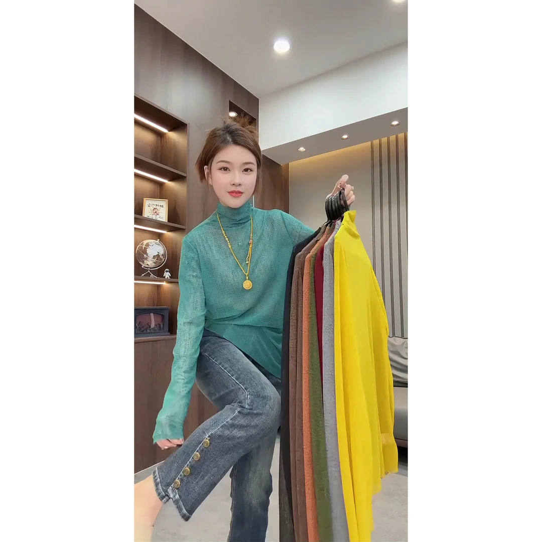 2025秋季慵懒高领针织打底衫女韩版长袖堆堆领糖果色修身毛衣时尚