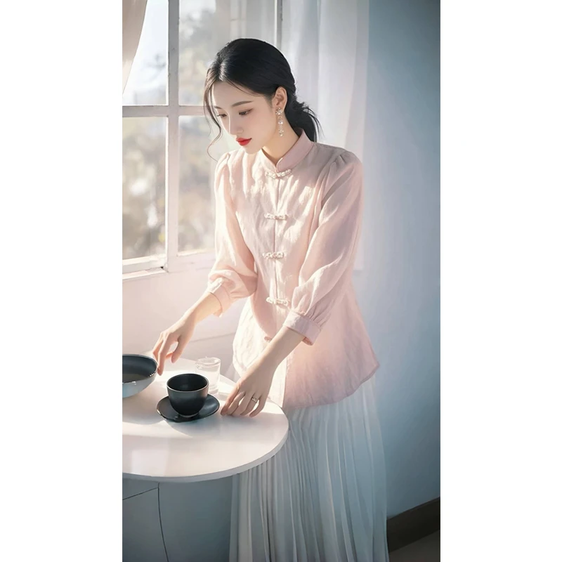 新中式粉色盘扣衬衫2025春新款独特漂亮马面裙高级感女装国风上衣