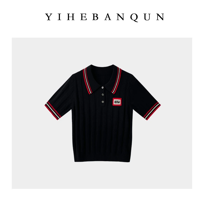 polo领针织衫2025春季红黑撞色轻奢短袖上衣通勤时尚