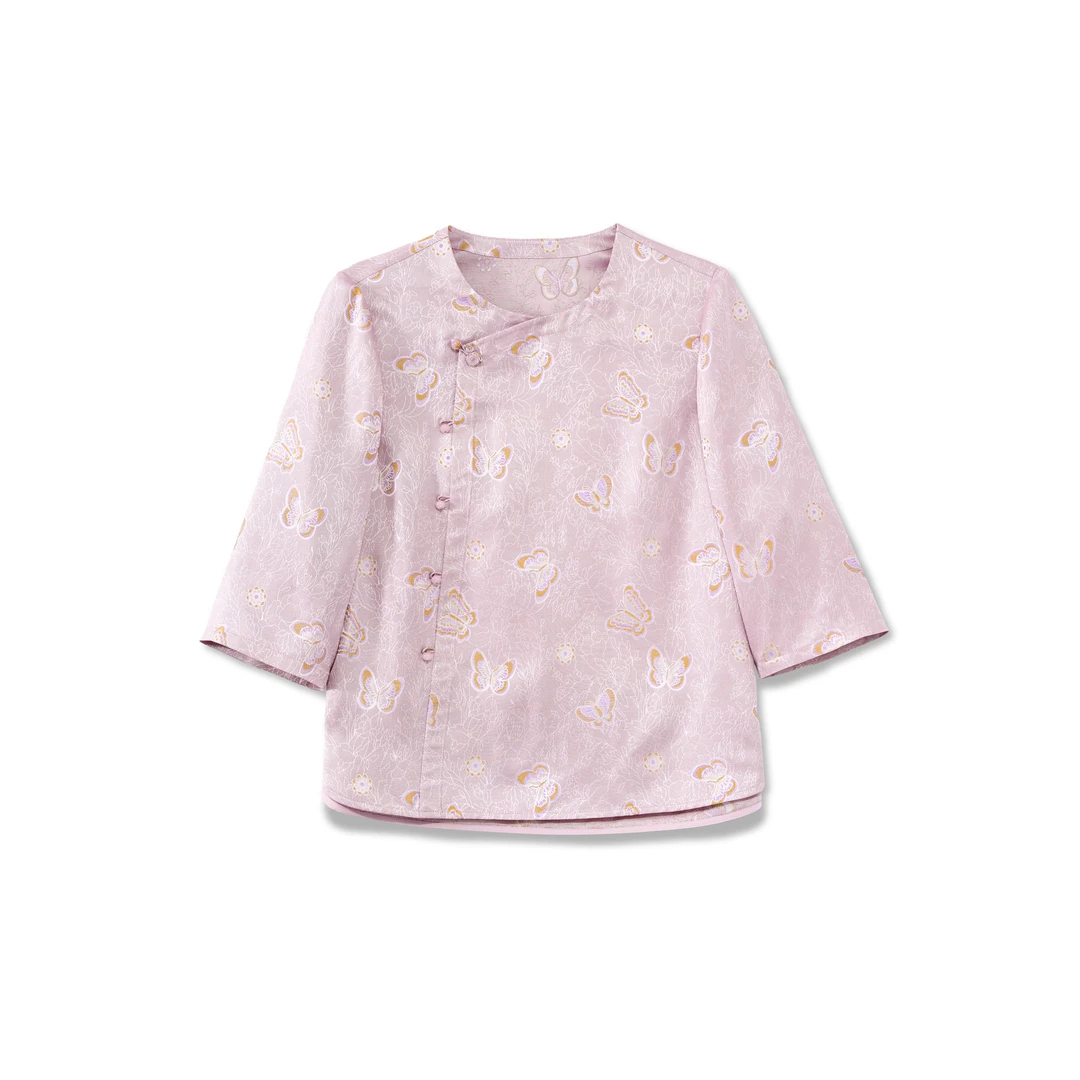 粉蝶-YZ252997新中式桑蚕丝中国风复古气质中袖上衣夏季女