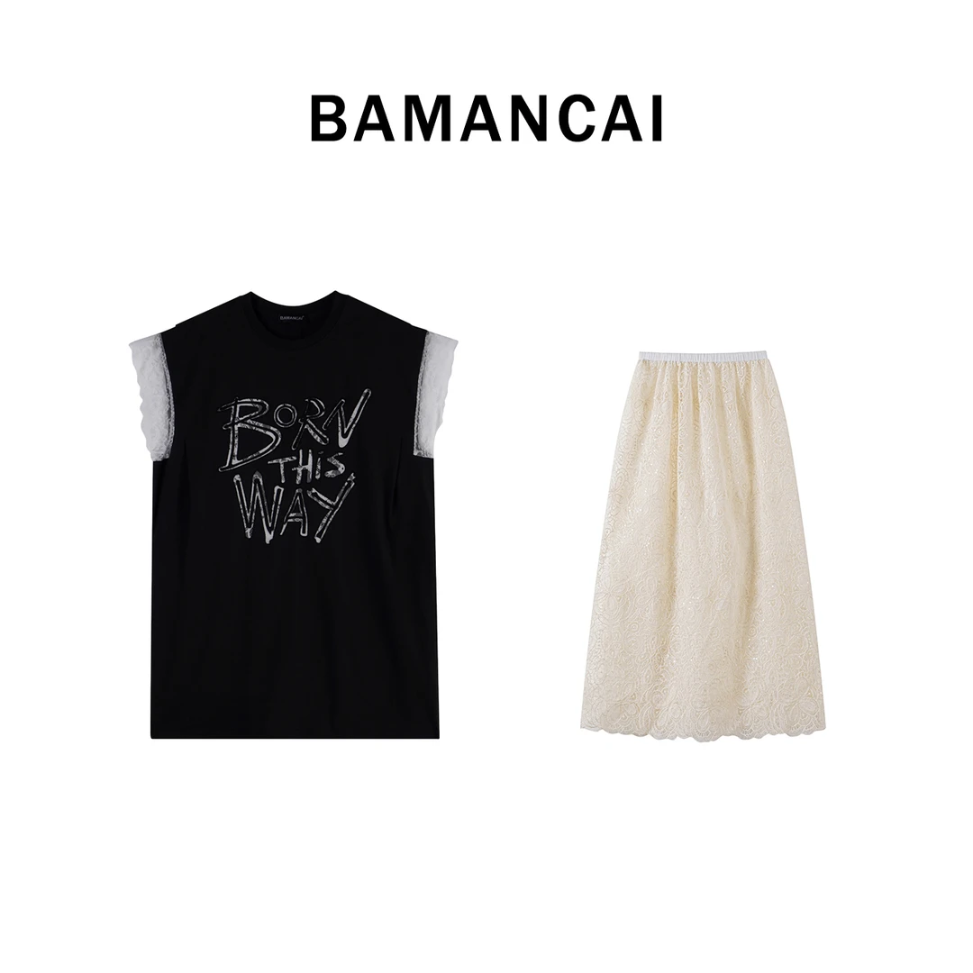 Bamancai-设计师拼接气质复古宽松无袖时尚夏季短袖套装-0713