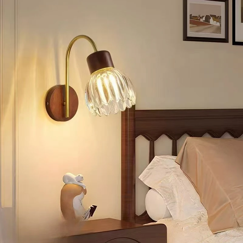 玻璃灯罩壁灯中古风胡桃木色床头灯美式复古房间书房后现代日式
