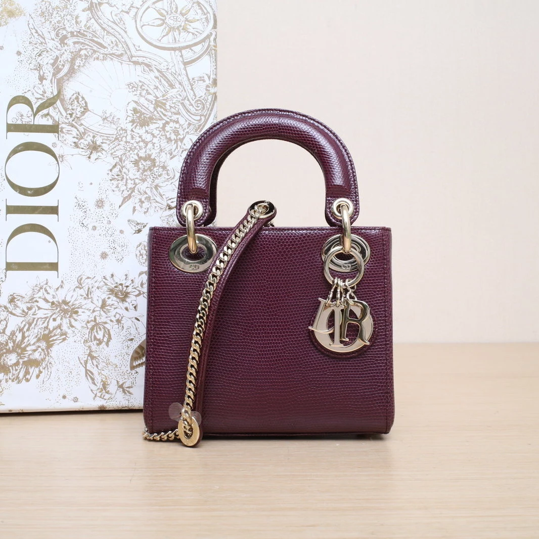 99新 DIOR/迪奥 【活动黑黑】 紫色 蜥蜴皮 2018 戴妃包 三格