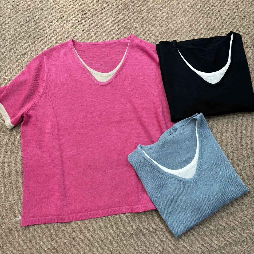 【冰冰一号店】66837 4假两件冰麻针织套头短袖衫复古简约