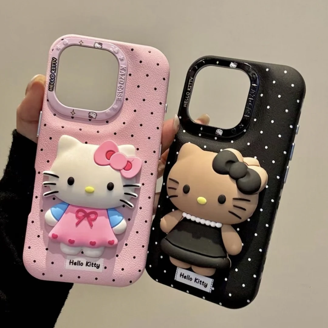波点粉裙珍珠猫咪适用手机壳苹果16promax女iPhone15卡通14新款13