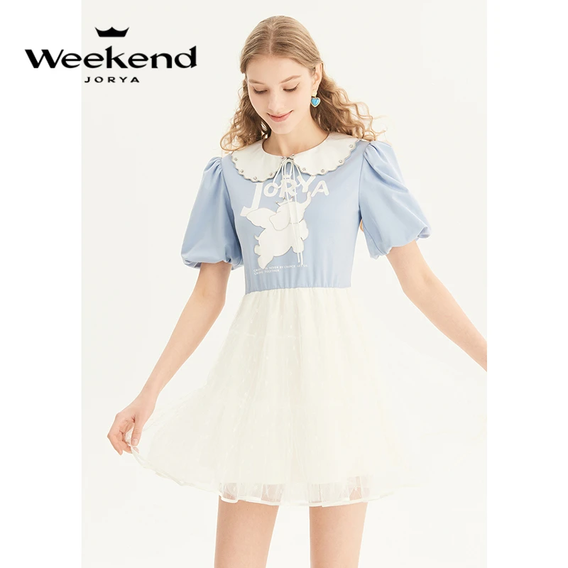 卓雅周末夏娃娃领钉珠小飞象泡泡袖连衣裙EJWDBF03