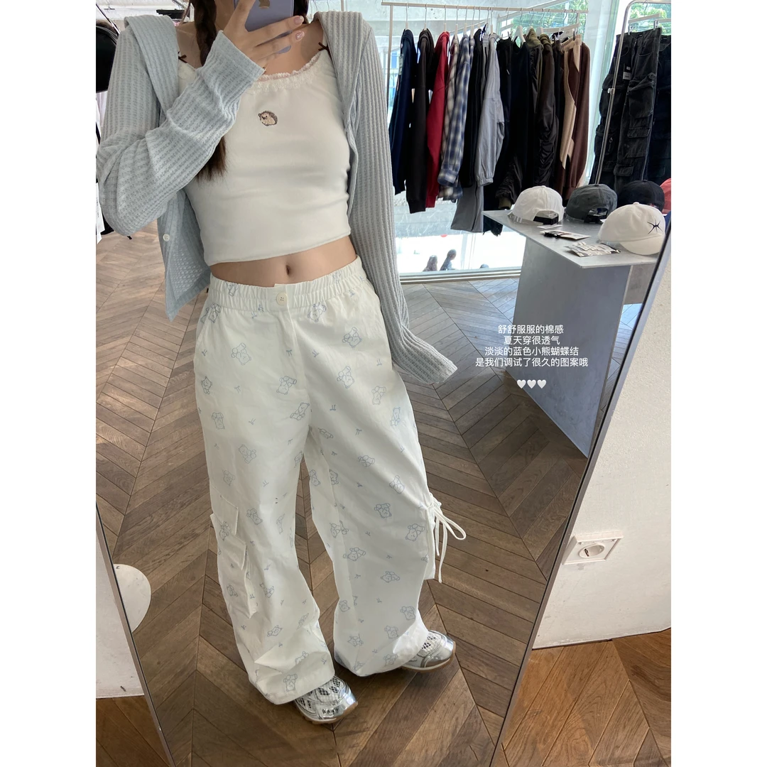 直筒宽松小熊印花工装休闲裤女宽松舒适慵懒风百搭高腰设计感裤子